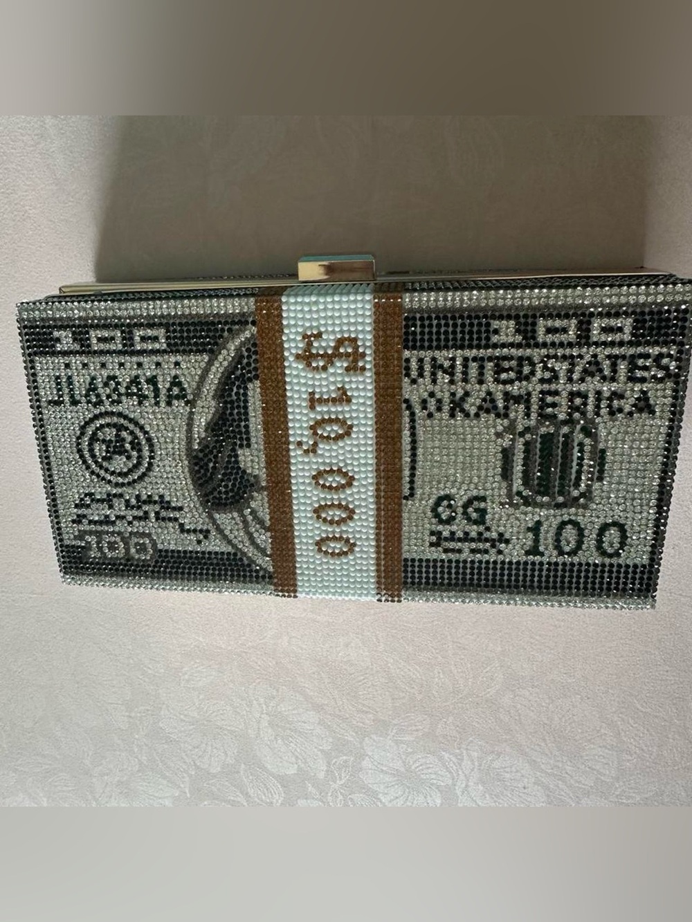 Dollar bills money rhinestone clutch bag, ideal for a night out.